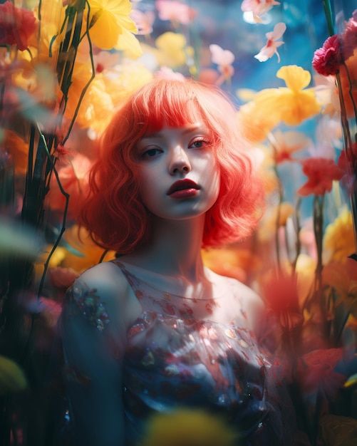 a woman with red hair in a field of flowers