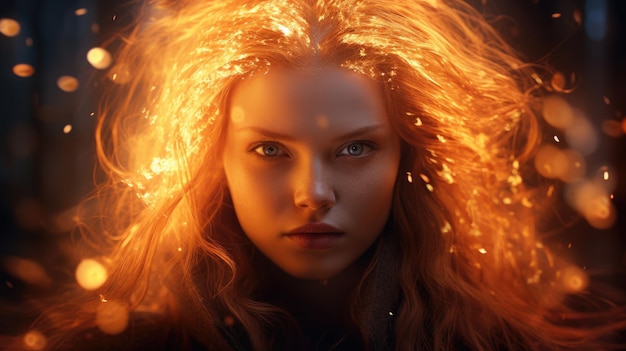 a woman with red hair and fire coming out of her hair