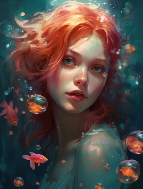 A woman with red hair and fish in the water