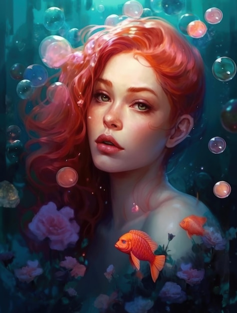 A woman with red hair and fish in the water