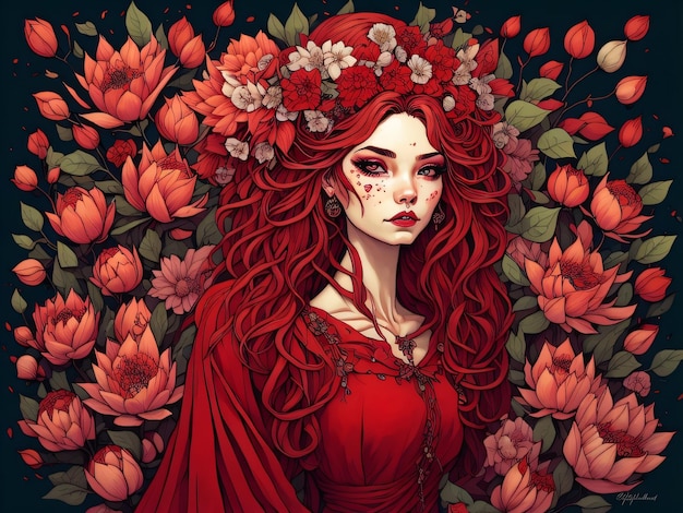 A woman with red hair and a flower crown on her head