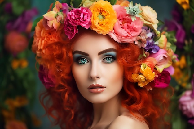 A woman with red hair and a flower crown