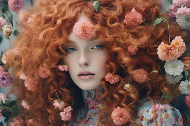 A woman with red hair and flowers on her head