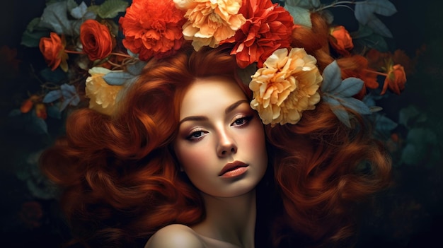 A woman with red hair and flowers on her head