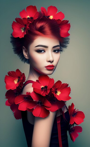 A woman with red hair and flowers on her head