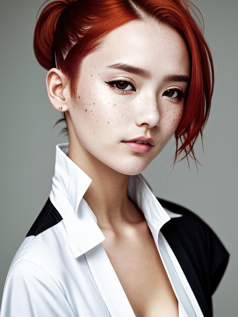 A woman with red hair and freckles is posing for a photo.