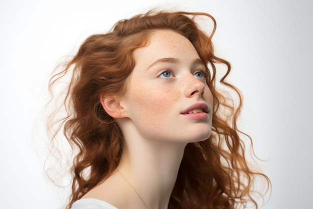 a woman with red hair and freckles looking up