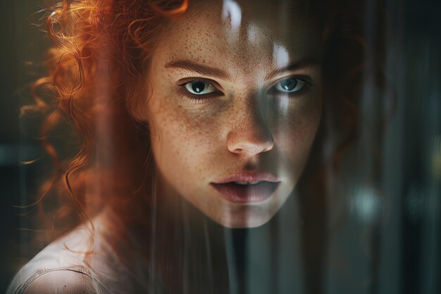 a woman with red hair and freckles looks into the mirror