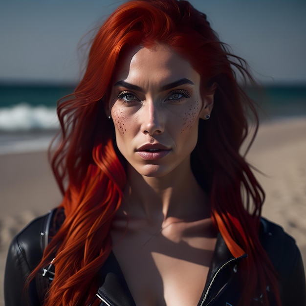 A woman with red hair and freckles stands on a beach.