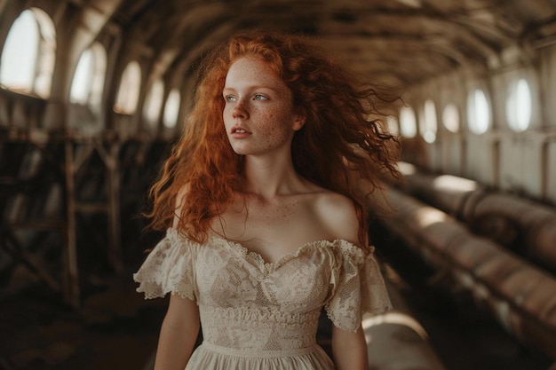 a woman with red hair and freckles in a white dress