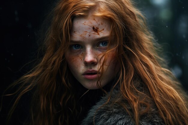 A woman with red hair and freckles