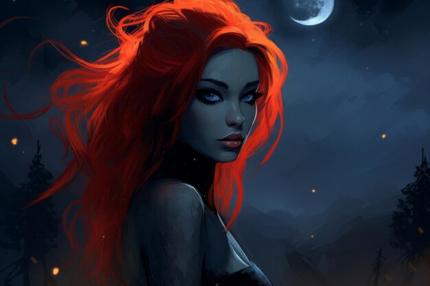 A woman with red hair and a full moon in the background