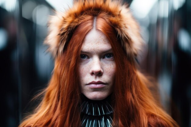 Photo a woman with red hair and fur hat