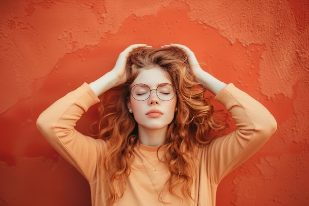 A woman with red hair and glasses is holding her hair in front of a red wall