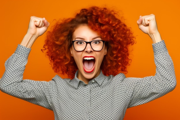 Foto donna con i capelli rossi e gli occhiali sta facendo il viso con le mani ia generativa