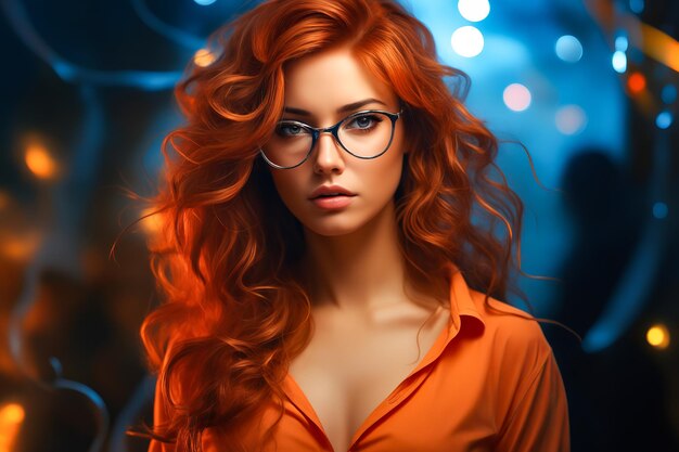 Woman with red hair and glasses is posing for picture Generative AI