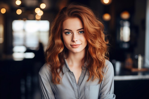 Foto una donna con i capelli rossi e una camicia grigia sta posando per una foto