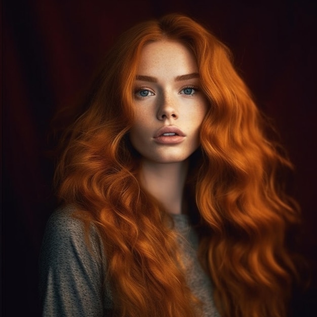 a woman with red hair and a gray shirt with a long red hair.