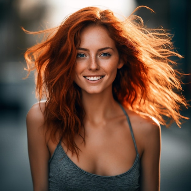 a woman with red hair and a gray tank top