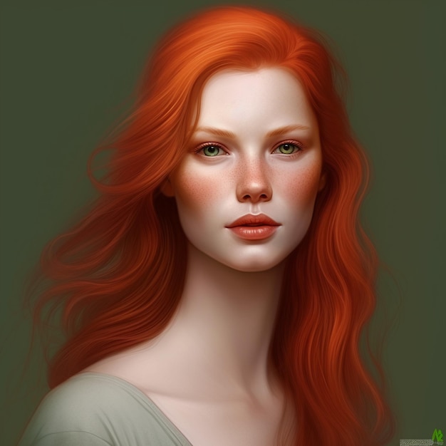 A woman with red hair and a green background