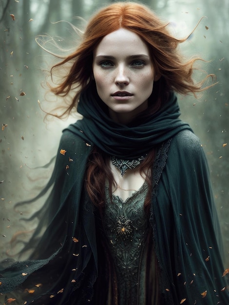 A woman with red hair and a green cape stands in the woods.