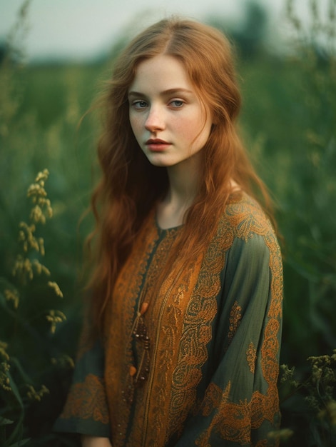 A woman with red hair in a green dress