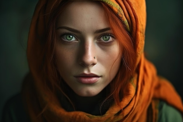 A woman with red hair and green eyes looks into the camera.