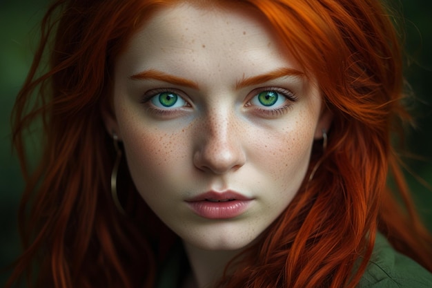 a woman with red hair and green eyes