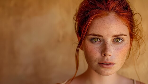 A woman with red hair and green eyes