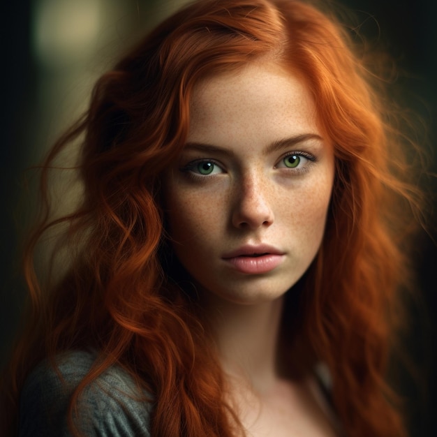 a woman with red hair and green eyes