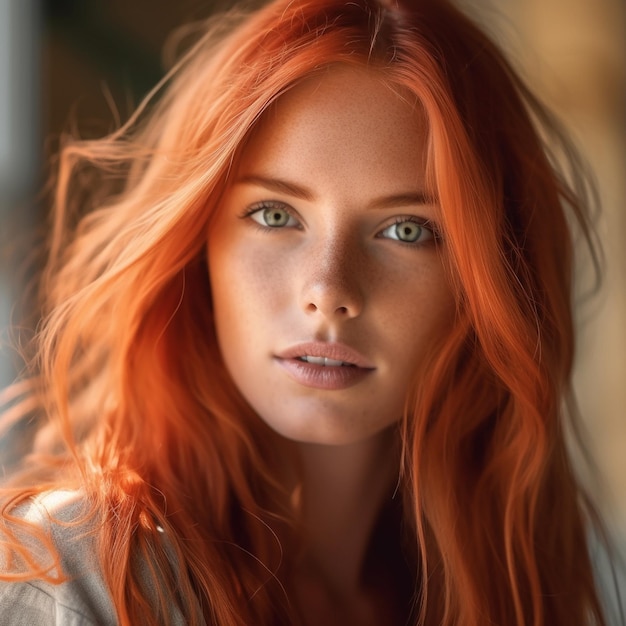 A woman with red hair and green eyes