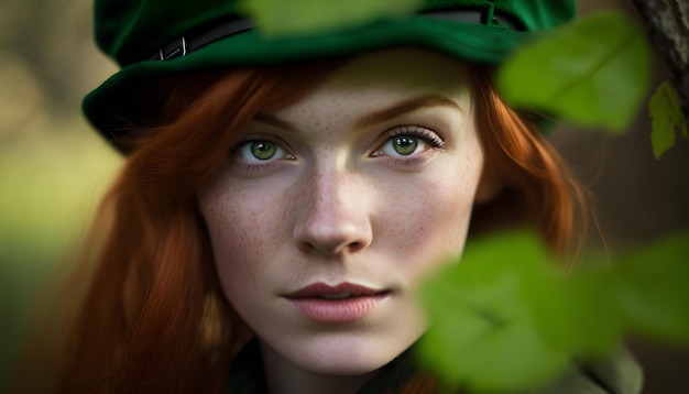 A woman with red hair and green hat looks at the camera
