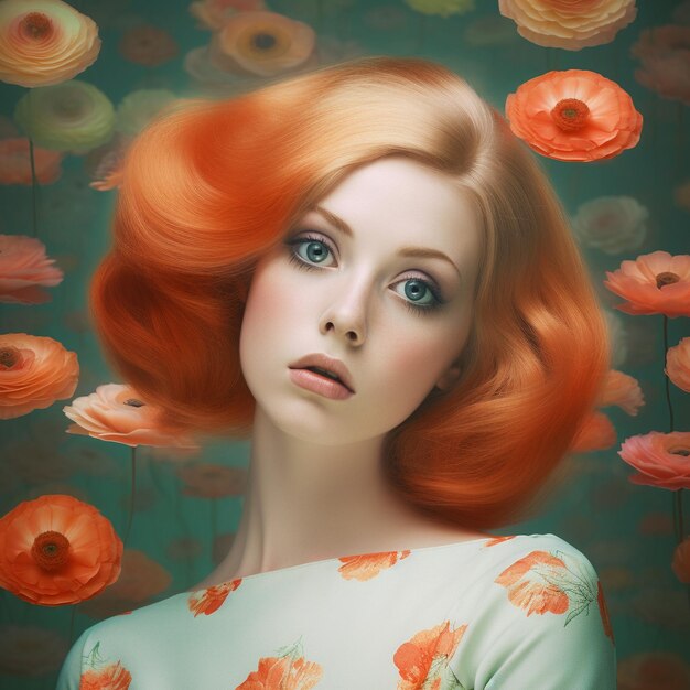 A woman with red hair and a green shirt with a red hair of poppies.