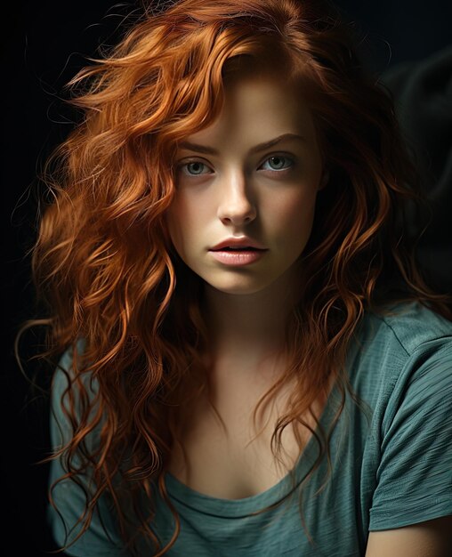 a woman with red hair and a green shirt