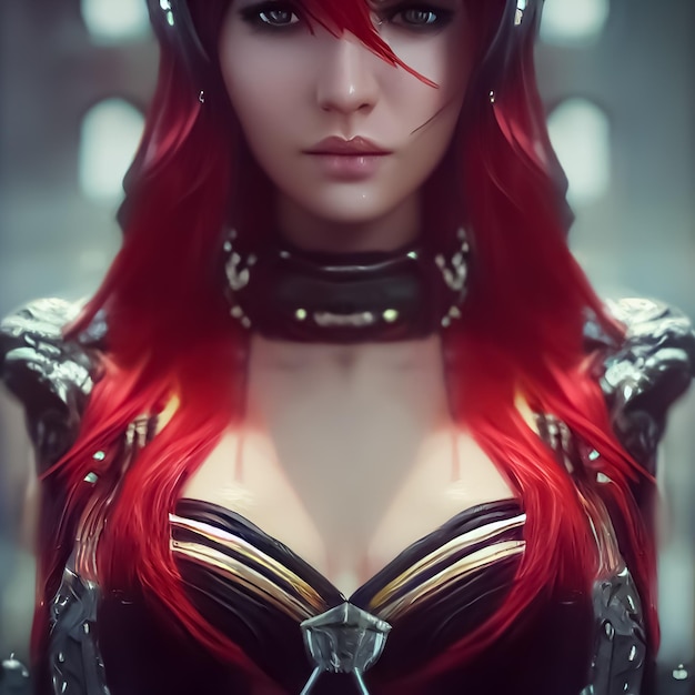 A woman with red hair and a helmet that says 