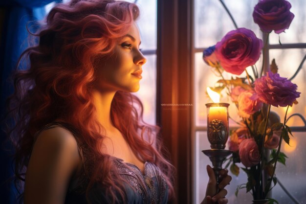 a woman with red hair holding a candle in front of a window