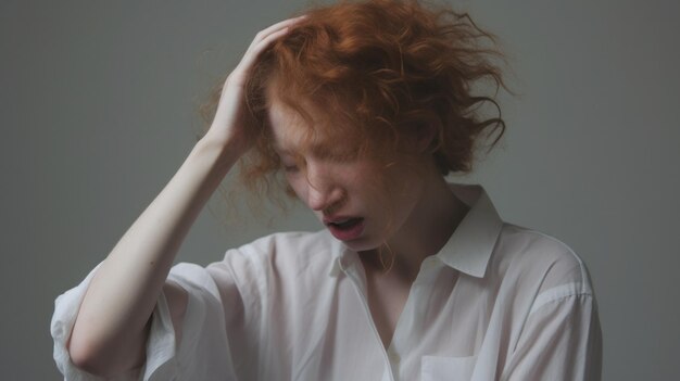 Женщина с рыжими волосами, держащая голову в беде, возможно, испытывая головную боль или чувствуя себя подавленной