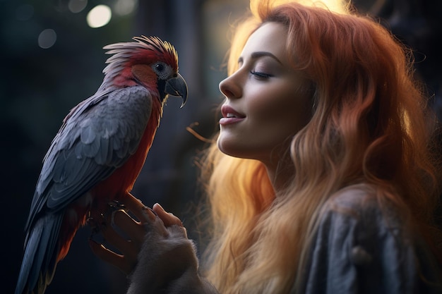 a woman with red hair holding a parrot