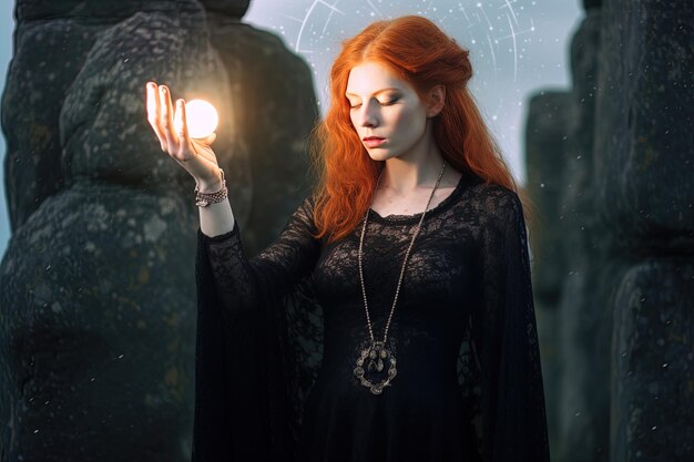 a woman with red hair holds a light in front of a statue of a stone statue.