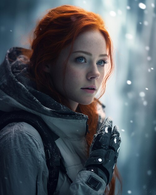 A woman with red hair and a hood stands in front of a snowy background.