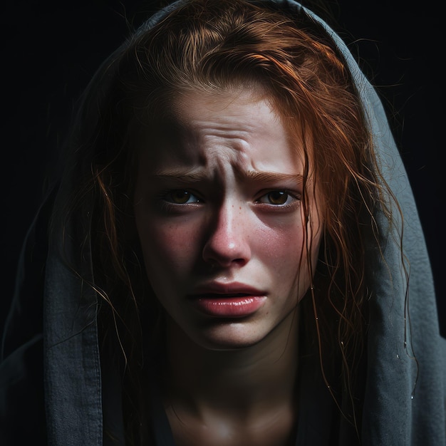 a woman with red hair and a hoodie on