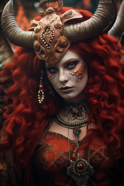 Женщина с рыжими волосами и рогами с рогами и золотым кольцом.