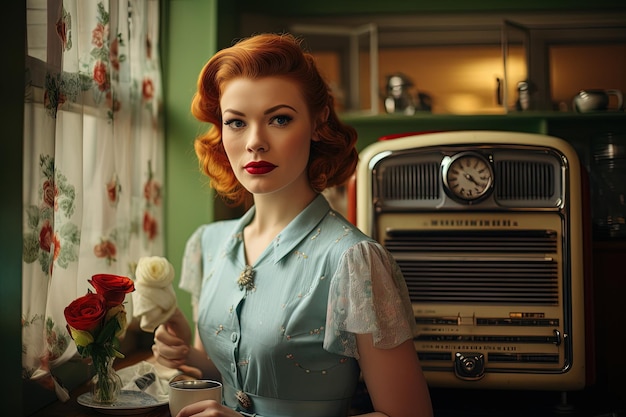 A woman with red hair is holding a rose