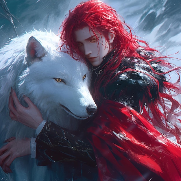 a woman with red hair is hugging a wolf