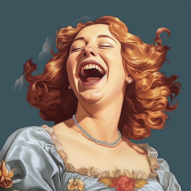 a woman with red hair is laughing and laughing.