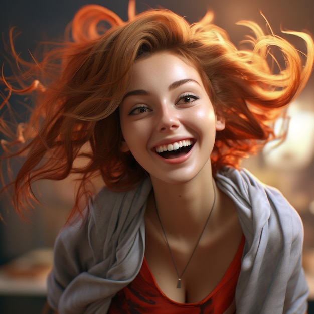 a woman with red hair is laughing and smiling