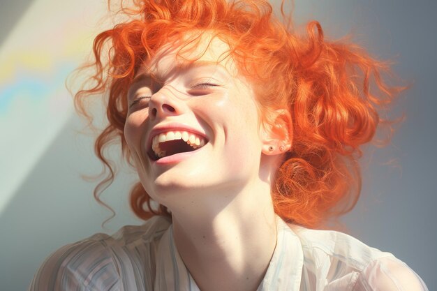 빨간 머리의 여자가 웃고 있다