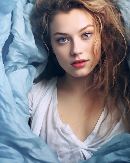 a woman with red hair is laying in a blue blanket