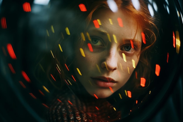 a woman with red hair is looking at the camera