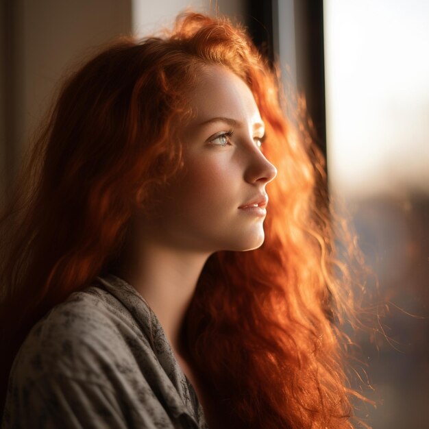 Photo a woman with red hair is looking out a window